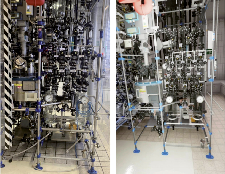 Abb. 4:  Realanlage (links) und bedienbares VR-Abbild (rechts) einer Ausbildungsanlage in der produktionstechnischen Ausbildung von Merck