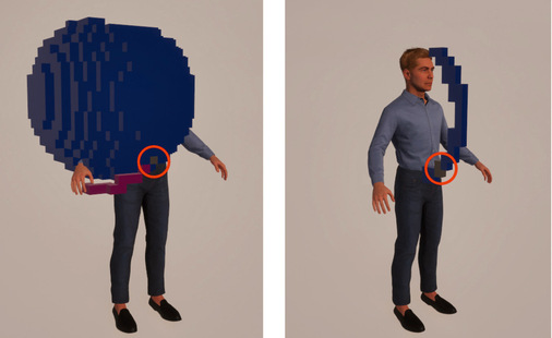 Abbildung 18: Differenzansicht der funktionsgünstigen Versteifung des Ellbogens (blaue Voxel) und funktionsgünstigen Versteifung der Schulter (violette Voxel). Wenige Raumbereiche werden in beiden Simulationen erreicht (graue Voxel, rot umrandet). Links sind die gesamten Volumina zu sehen, während rechts, zur verbesserten Sichtbarkeit der grauen Überschneidungen der Volumina, nur eine Schicht gezeigt wird.