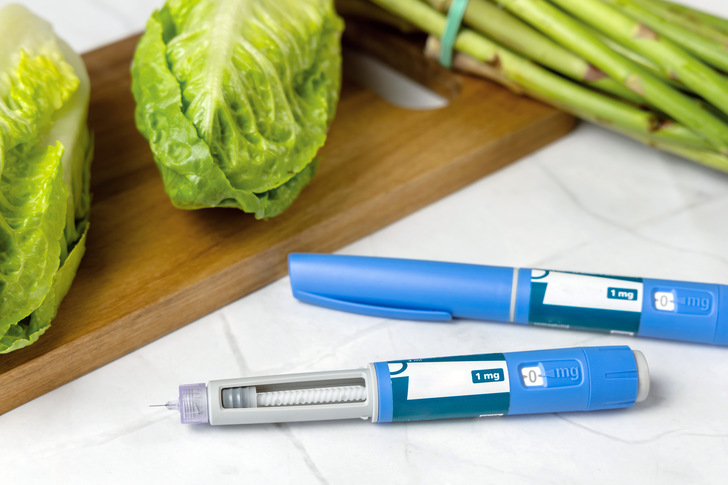 Original Danish Ozempic Insulin injection pen for diabetics and vegetables. High quality photo