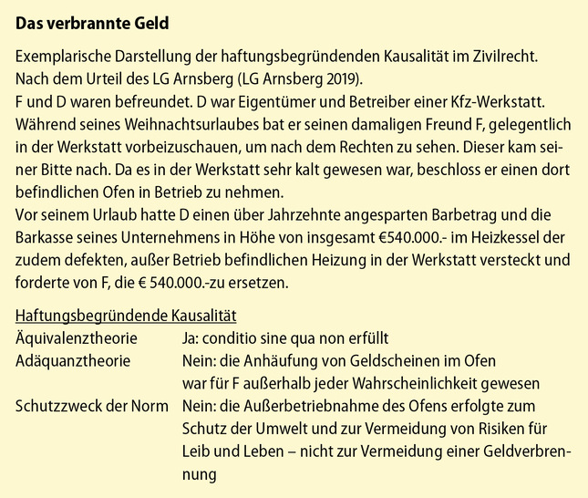 Exemplarische Darstellung der haftungsbegründenden Kausalität im Zivilrecht. Nach dem Urteil des LG Arnsberg (LG Arnsberg 2019)