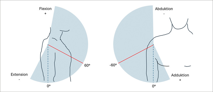 Abb. 1: Mindestausmaß der Armanhebung in Sagittalebene (links; Flexion/Extension) und Frontalebene (rechts, Abduktion/Adduktion); verändert nach IFA (2015)
