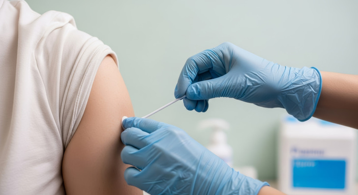 Medical worker in blue gloves giving flu shot injection to patient's upper arm in clinical setting. Healthcare and immunization concept with professional vaccine administration.
