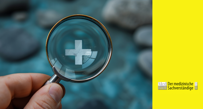 Eine Hand hält ein Vergrößerungsglas über ein weißes medizinisches Kreuz, mit einem gelben Seitenstreifen und deutschem Text auf der rechten Seite. - © jkmedia