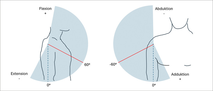 Abb. 1: Mindestausmaß der Armanhebung in Sagittalebene (links; Flexion/Extension) und Frontalebene (rechts, Abduktion/Adduktion); verändert nach IFA (2015)
