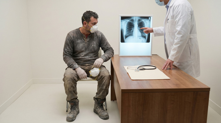 Medical consultation scene links renovation dust exposure with respiratory health monitoring. Useful for articles on occupational illness, lung screening, compensation claims, workplace safety, and long term asbestos effects.