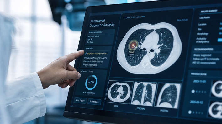 A hand points at a screen showing AIpowered diagnostic analysis of lung CT scans